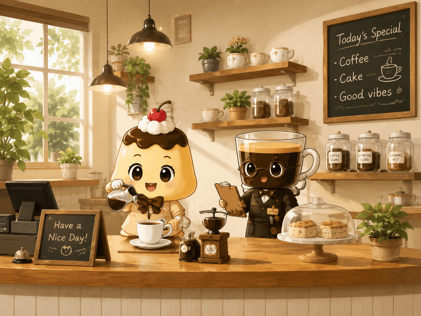 カフェで働くプリンさんとエスプレッソさん
